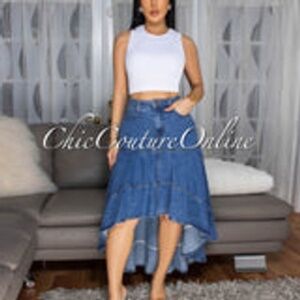 Rashida Medium Blue Denim Hi-Lo Skirt